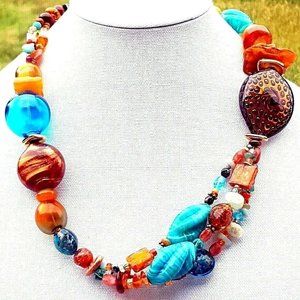 LAMPWORK GLASS NECKLACE Handmade Beads STUDIO BOUTIQUE Aqua Blue Amber Coco 90s